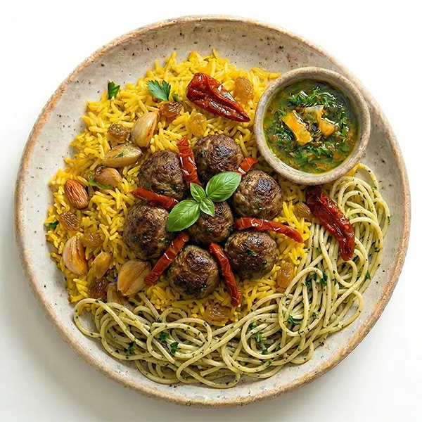 Beef and Basil Meatballs in Basil pepper Pasta